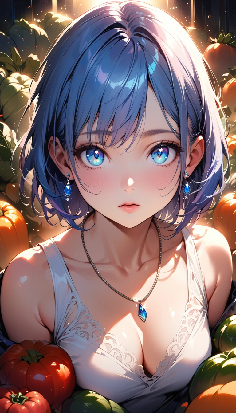 masterpiece, Highest quality, (((Surrounded by lots of vegetables)))、Raising awareness, Sax Blue, プラチナEarrings, Platinum Necklace, White Dress, One Girl, cute, (Dynamic Lighting:1.2), Cinema Lighting, Delicate facial features, Detailed eyes, Sharp pupils, Realistic student, Written boundary depth, ボケ Written boundary depth, Sharp focus, (Very detailed, bloom, Shine:1.4), Lots of little gems, (((short_hair))),　Toru Asakura、黒hairs、Earrings、gradation hair、multi color hair、分けた前hair、blue hair、Upper Body、Ultra close-up footage、