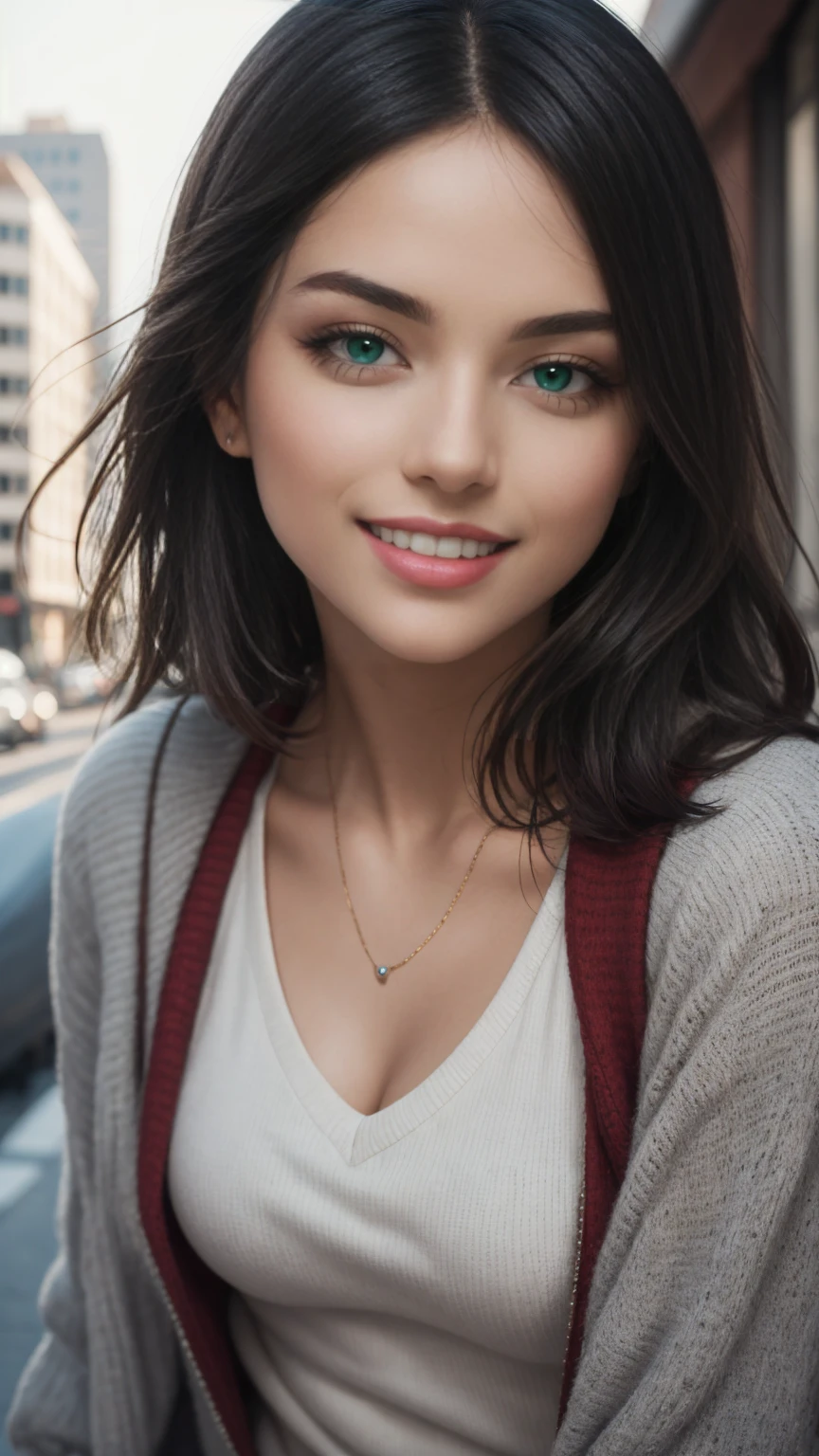 Picture, best quality, a woman in the city , photo of beautiful AHAcasual, smiling, looking at viewer, perfect face, perfect eyes, sharp focus, Intricate, High Detail, dramatic, photorealistic,