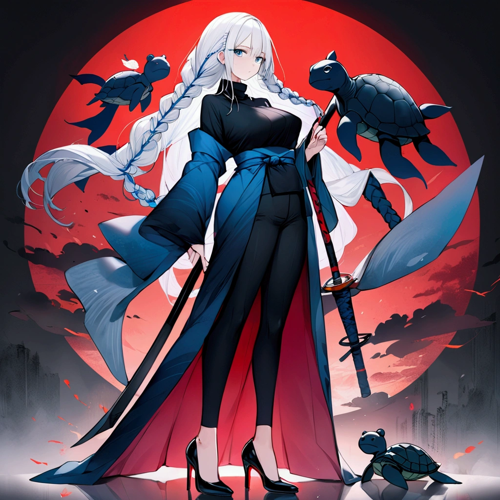 tall woman, Black blue kimono suit with a high collar that has an eye and swirl symbol, loose pants , blue eyes, White hair, long white eyelashes, turtle neck(( 12cm heels)) tall black, Curvy body, dark round cravings, Long hair, with braids, ((naginata weapon)) Japanese anime style drawing,, battlefield background, Red light coming out of the hands