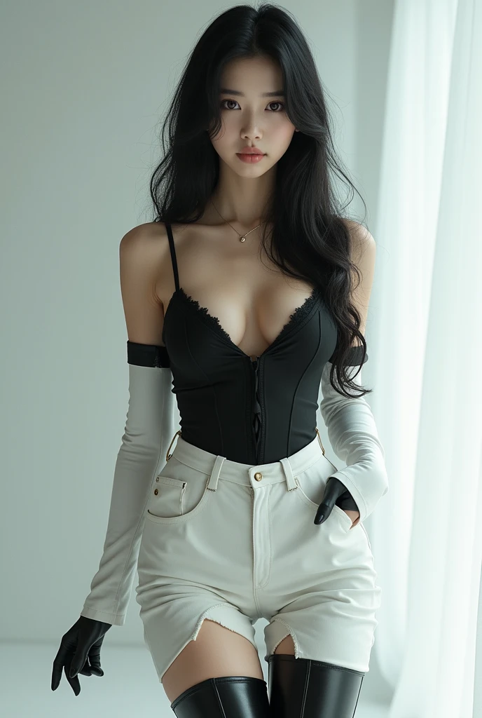 Korean girl in leather thigh high boots, white pants, naked breasts, long gloves
