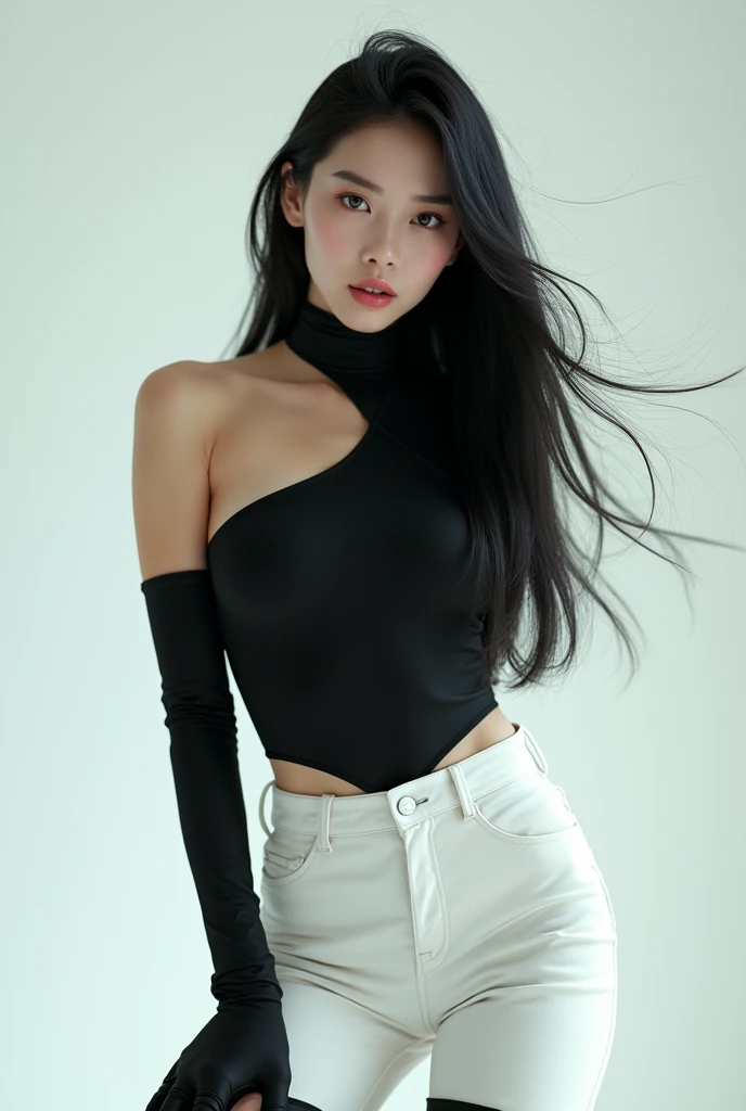 Korean girl, black thigh high boots, white pants, long gloves