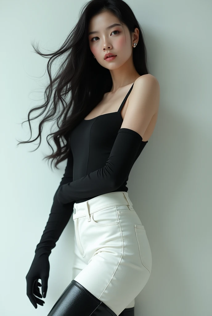 Korean girl, black thigh high boots, white pants, long gloves
