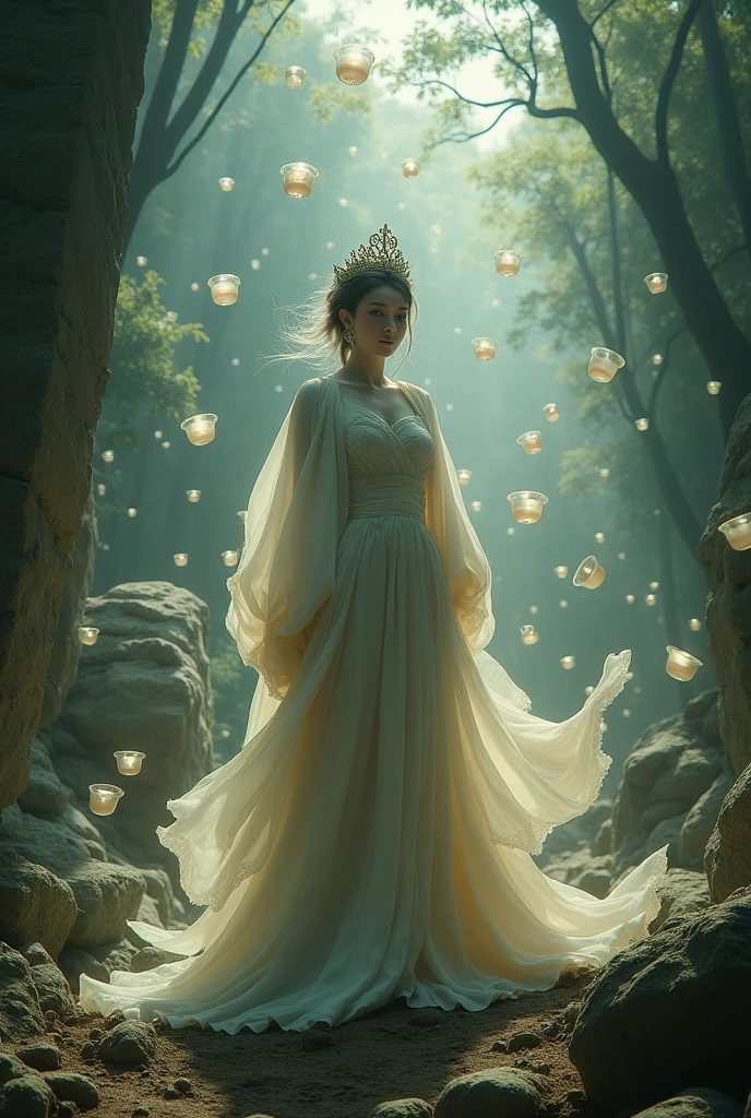 Fantasy，8k,Very detailed, masterpiece,High resolution,Highest quality,Increase the resolution,Cinema Lighting,Different space，The 5th Dimension，Eight Million Goddesses，Deep woods，Machu Picchu，ancient ruins，Goddess of Sake Bottles，dance，Sake cups fly everywhere