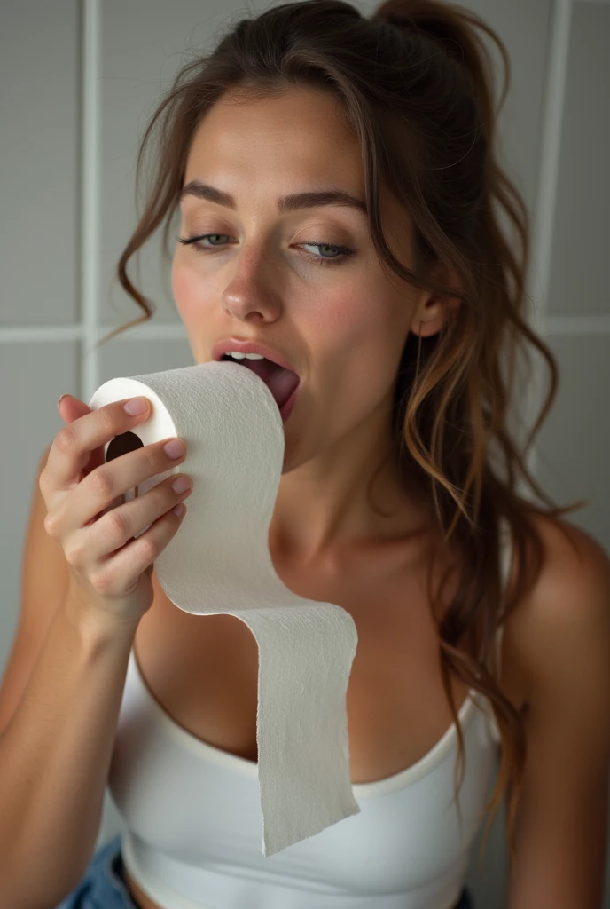 m1ag0th woman, long brown hair, hair bun, pearl, hair bun tied with a bow, wearing only overalls, bbc blowjob woman, cock in mouth