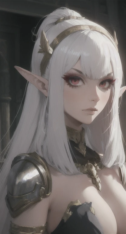 Ancient,  Eldari race, Kalindria, silver hair, red eyes, looking at viewer, ancient armor, 