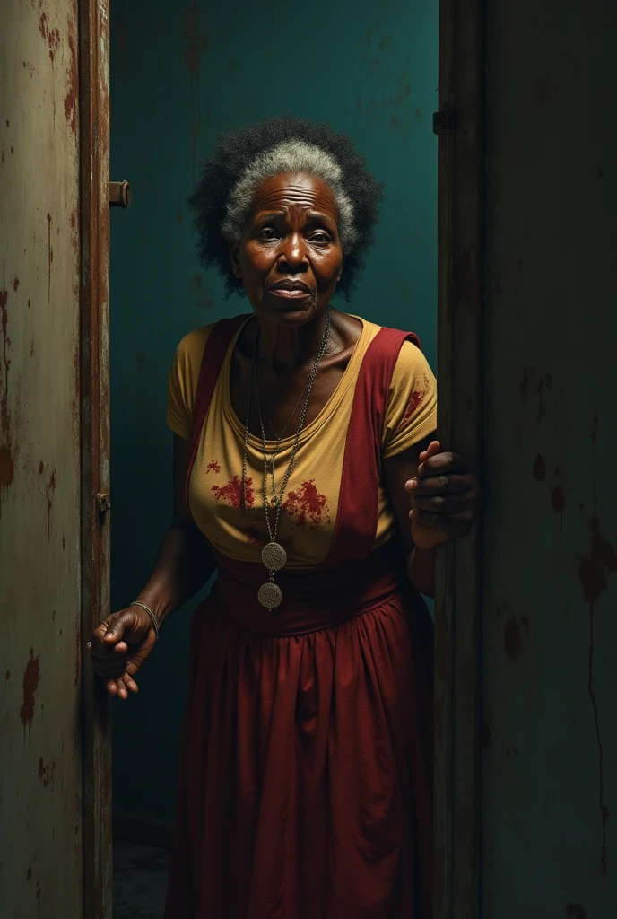 A 65-year-old woman wearing glasses, skinny weighing 45 kilos distributed in a body with 170 centimeters tall, with large, saggy breasts, wide hip, thick legs and thighs. She has an expressive face with lines of time from age, small mouth, brown eyes with a serene and suffering look, light brown eyes and wavy hair. She is wearing a long black skirt and has both hands holding a totally open white social shirt totally exposing her beautiful totally naked breasts, and she is leaning against a wall in a deserted and dark alley in a Brazilian favela at night.