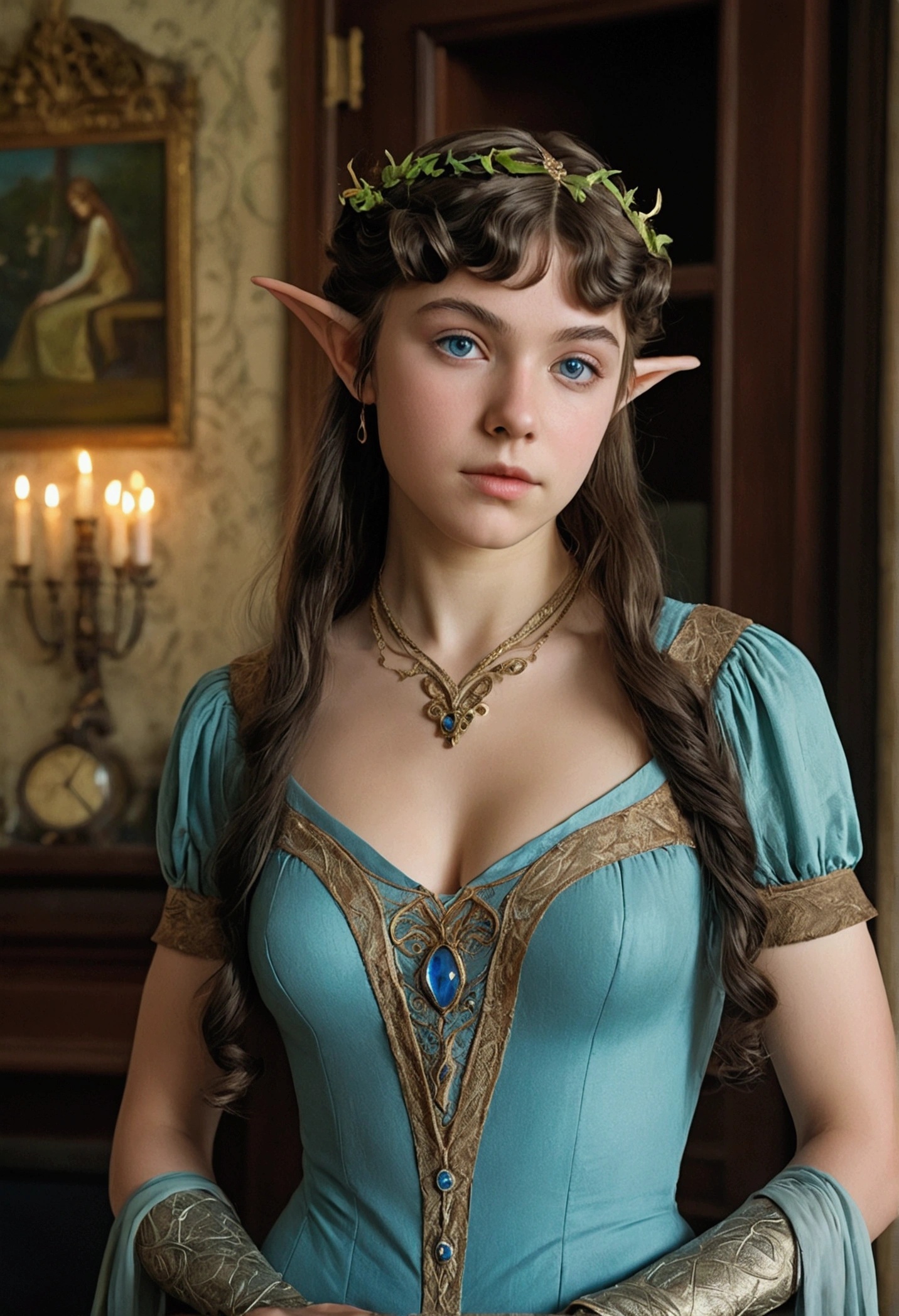 1910s analog film photograph, colorized photo of an elven maiden, 18-years-old, amazonian stature, thick-fit hourglass figure, busty breasts, toned, athletic, wearing a victorian traveling dress, warm almond complexion, pointy elf ears, amber eyes, dark brunette hair, thick curly bangs, resembles Mary Elizabeth Winstead, standing in a manor drawing room, RAW Photograph, dslr, soft lighting, high quality, film grain, Fujifilm XT3, detailed skin with visible pores, insane details, masterpiece, 8k, 35mm photograph, faded film, desaturated, grainy, vintage, Lomography, stained, highly detailed, found footage, long elven ears