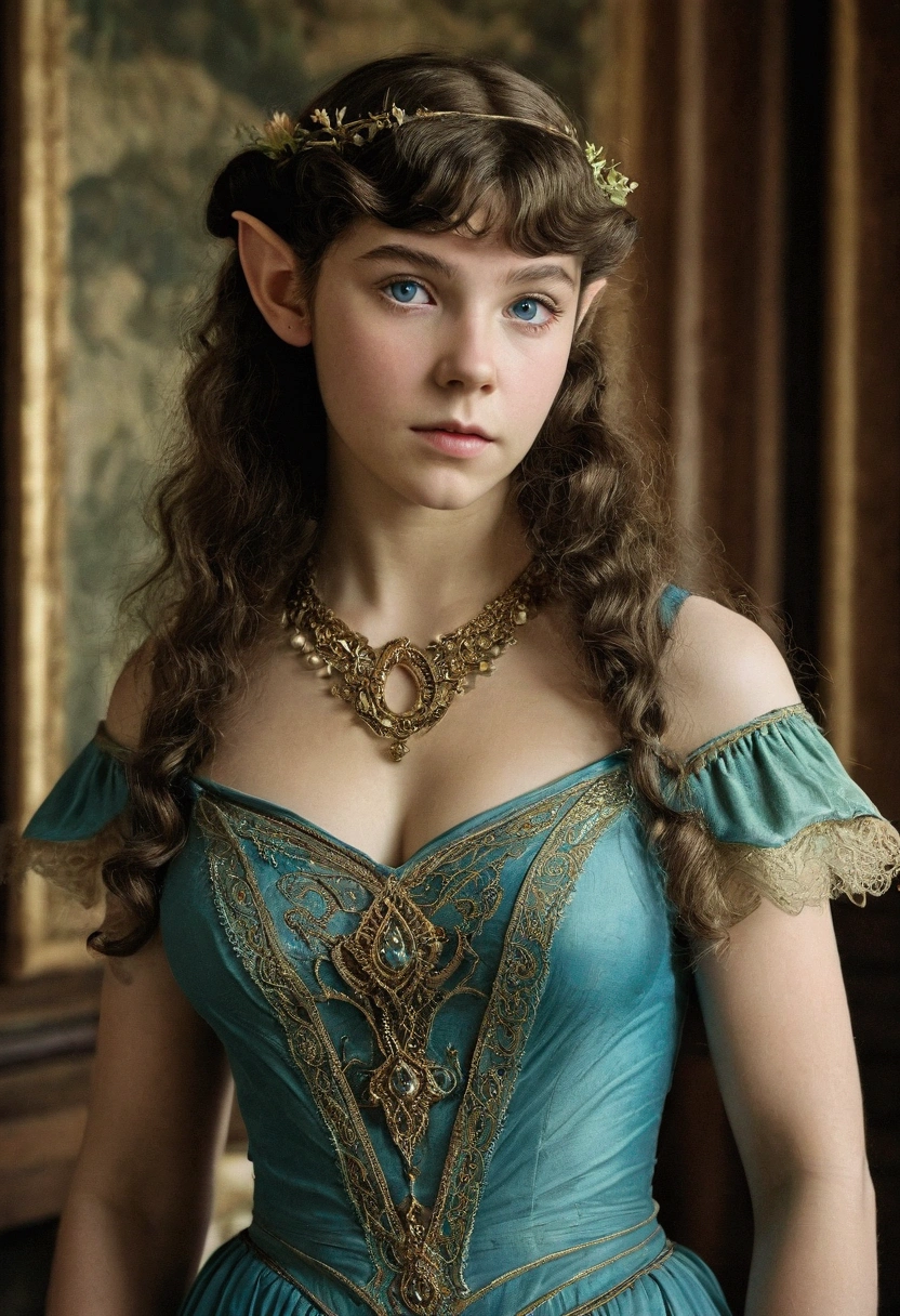 1910s analog film photograph, colorized photo of an elven maiden, 18-years-old, amazonian stature, thick-fit hourglass figure, busty breasts, toned, athletic, wearing a victorian traveling dress, warm almond complexion, pointy elf ears, blue eyes, dark brunette hair, thick curly bangs, resembles Margaery Tyrell, standing in a manor drawing room, RAW Photograph, dslr, soft lighting, high quality, film grain, Fujifilm XT3, detailed skin with visible pores, insane details, masterpiece, 8k, 35mm photograph, faded film, desaturated, grainy, vintage, Lomography, stained, highly detailed, found footage, long elven ears