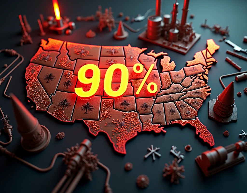 A powerful image showcasing Standard Oil's dominance, highlighting that they controlled over 90% of the United States' oil supply. The central focus is a detailed map of the U.S. with Standard Oil’s operational areas clearly marked. Overlay a large, bold percentage figure—'90%'—in a prominent position on the map, with vibrant colors or a glowing effect to draw attention. Include visual elements such as oil barrels, refineries, and pipelines around the map to underscore the scale of their control. The background should be a subtle gradient to enhance the focus on the map and percentage figure, with dramatic lighting to highlight the extent of Standard Oil’s influence.