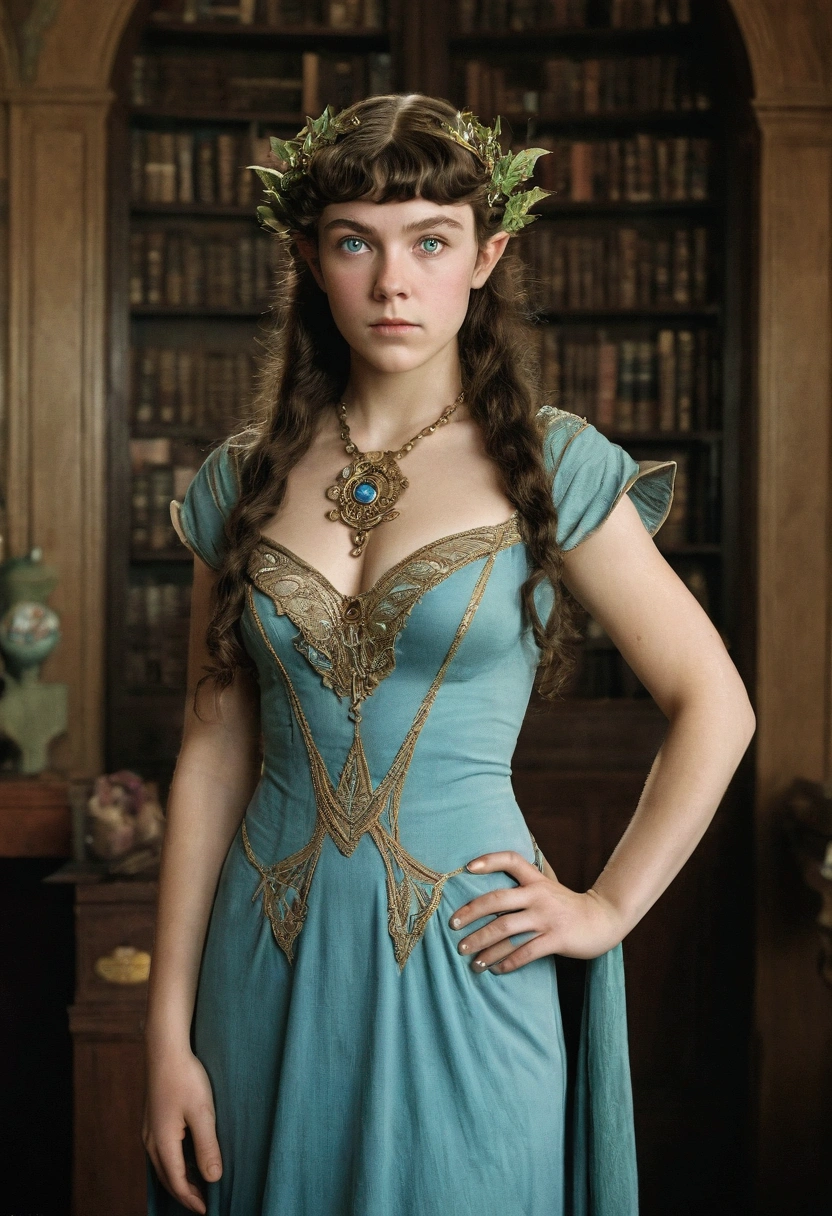 1910s analog film photograph, colorized photo of an elven maiden, 18-years-old, amazonian stature, thick-fit hourglass figure, busty breasts, toned, athletic, wearing a victorian traveling dress, warm almond complexion, pointy elf ears, blue eyes, dark brunette hair, thick curly bangs, resembles Margaery Tyrell, standing in a manor drawing room, RAW Photograph, dslr, soft lighting, high quality, film grain, Fujifilm XT3, detailed skin with visible pores, insane details, masterpiece, 8k, 35mm photograph, faded film, desaturated, grainy, vintage, Lomography, stained, highly detailed, found footage, long elven ears