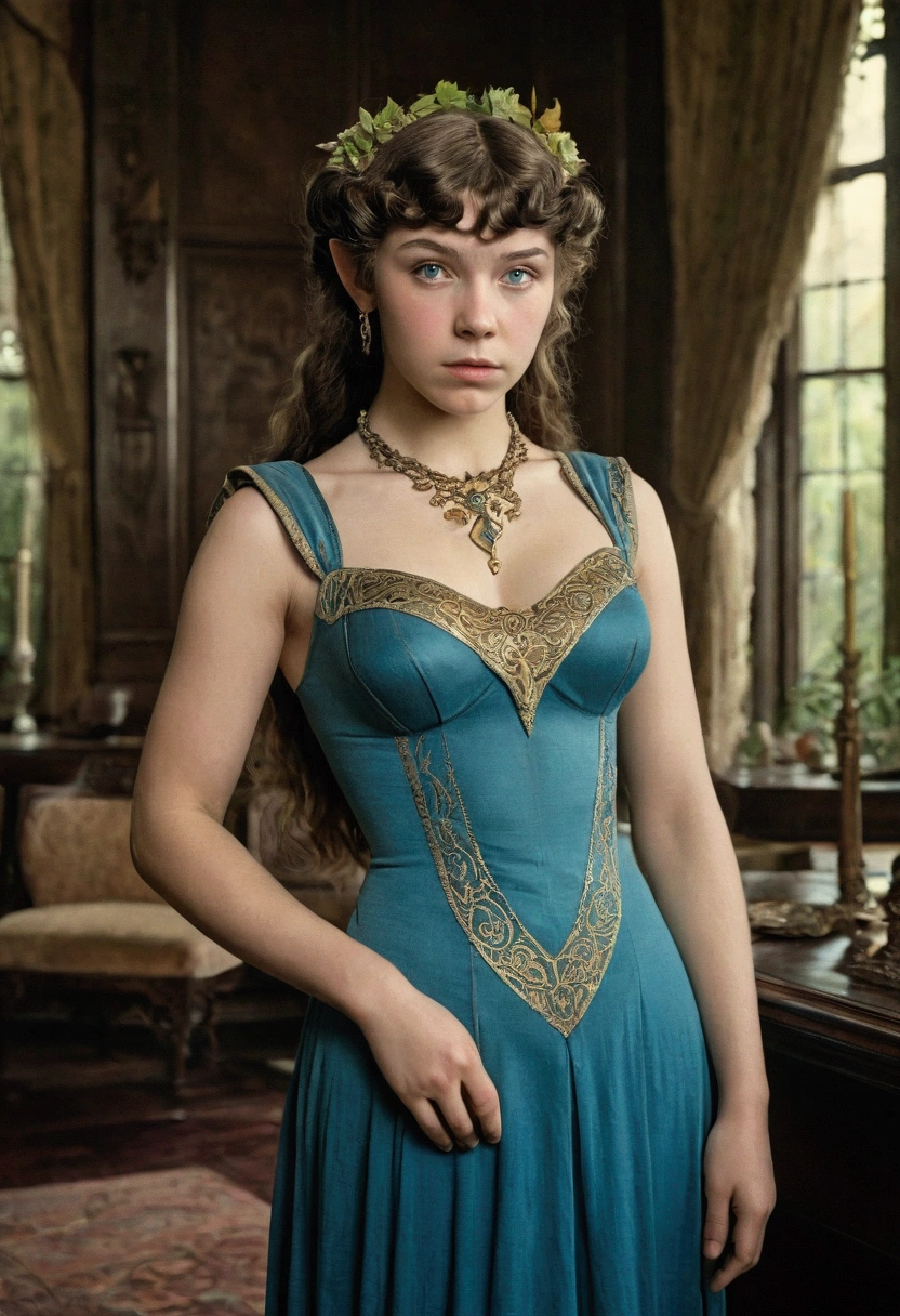 1910s analog film photograph, colorized photo of an elven maiden, 18-years-old, amazonian stature, thick-fit hourglass figure, busty breasts, toned, athletic, wearing a victorian traveling dress, warm almond complexion, pointy elf ears, blue eyes, dark brunette hair, thick curly bangs, resembles Margaery Tyrell, standing in a manor drawing room, RAW Photograph, dslr, soft lighting, high quality, film grain, Fujifilm XT3, detailed skin with visible pores, insane details, masterpiece, 8k, 35mm photograph, faded film, desaturated, grainy, vintage, Lomography, stained, highly detailed, found footage, long elven ears