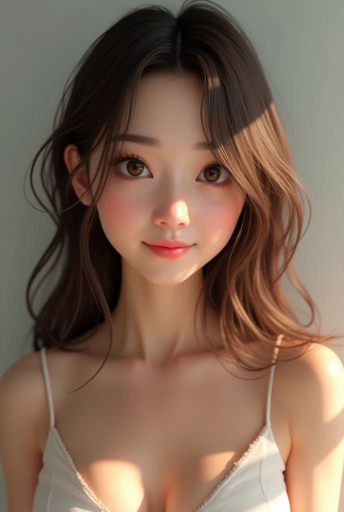 A white woman avatar, lively,thin with light brown eyes, brown straight hair, long eyelashes