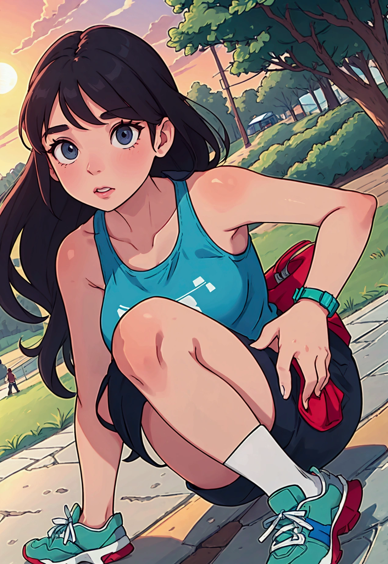 A girl walking on the sidewalk of a park with several medium-sized trees and some people in the background, the angle of being from the front
her skin is fair, her hair is brown and her eyes are honey-colored, she is wearing a blue tank top, shorts that reach her knees and are close to her legs in blue, the weather is late afternoon and there is a sunset in gradient, her sneakers are green with blue details, she is wearing a red running watch on her left wrist