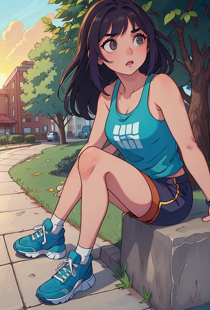 A girl walking on the sidewalk of a park with several medium-sized trees and some people in the background, the angle of being from the front
her skin is fair, her hair is brown and her eyes are honey-colored, she is wearing a blue tank top, shorts that reach her knees and are close to her legs in blue, the weather is late afternoon and there is a sunset in gradient, her sneakers are green with blue details, she is wearing a red running watch on her left wrist