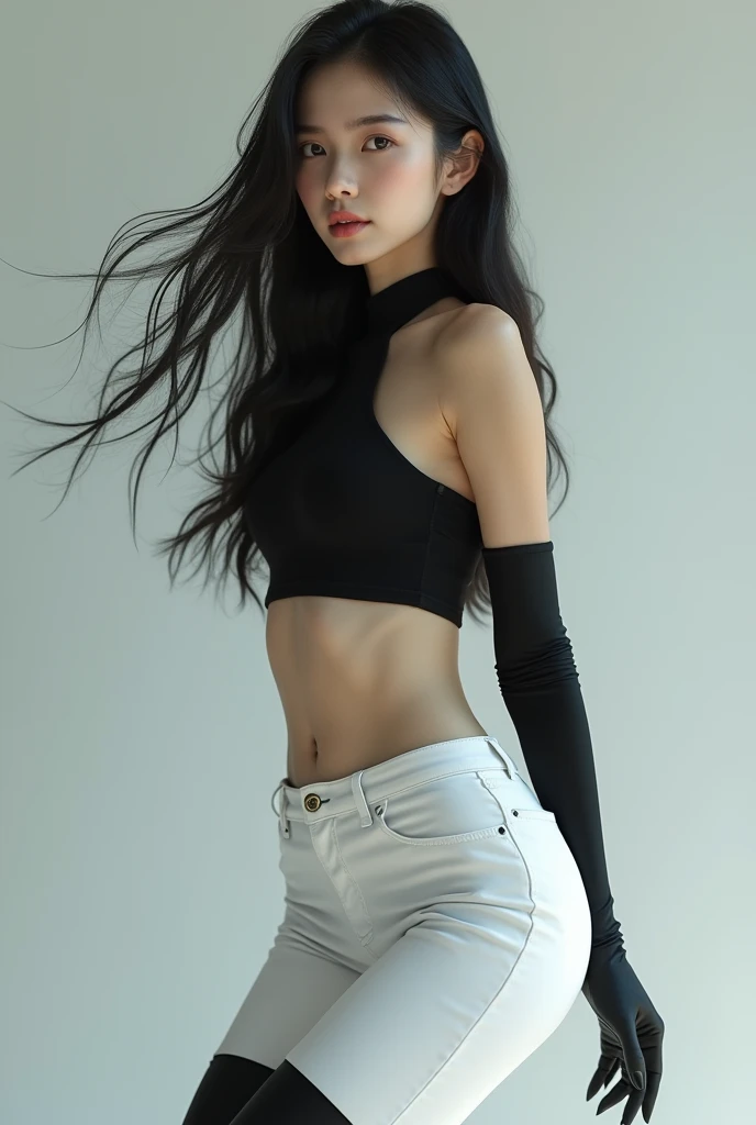 Korean girl, black thigh high boots, white pants, long gloves