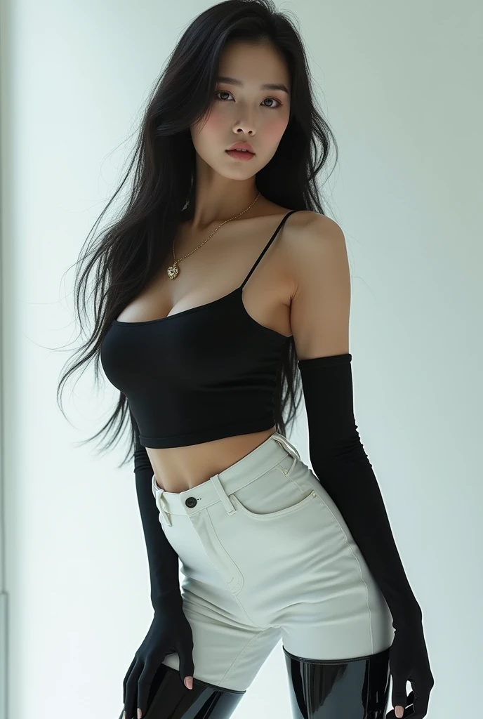 Korean girl, black thigh high boots, white pants, long gloves