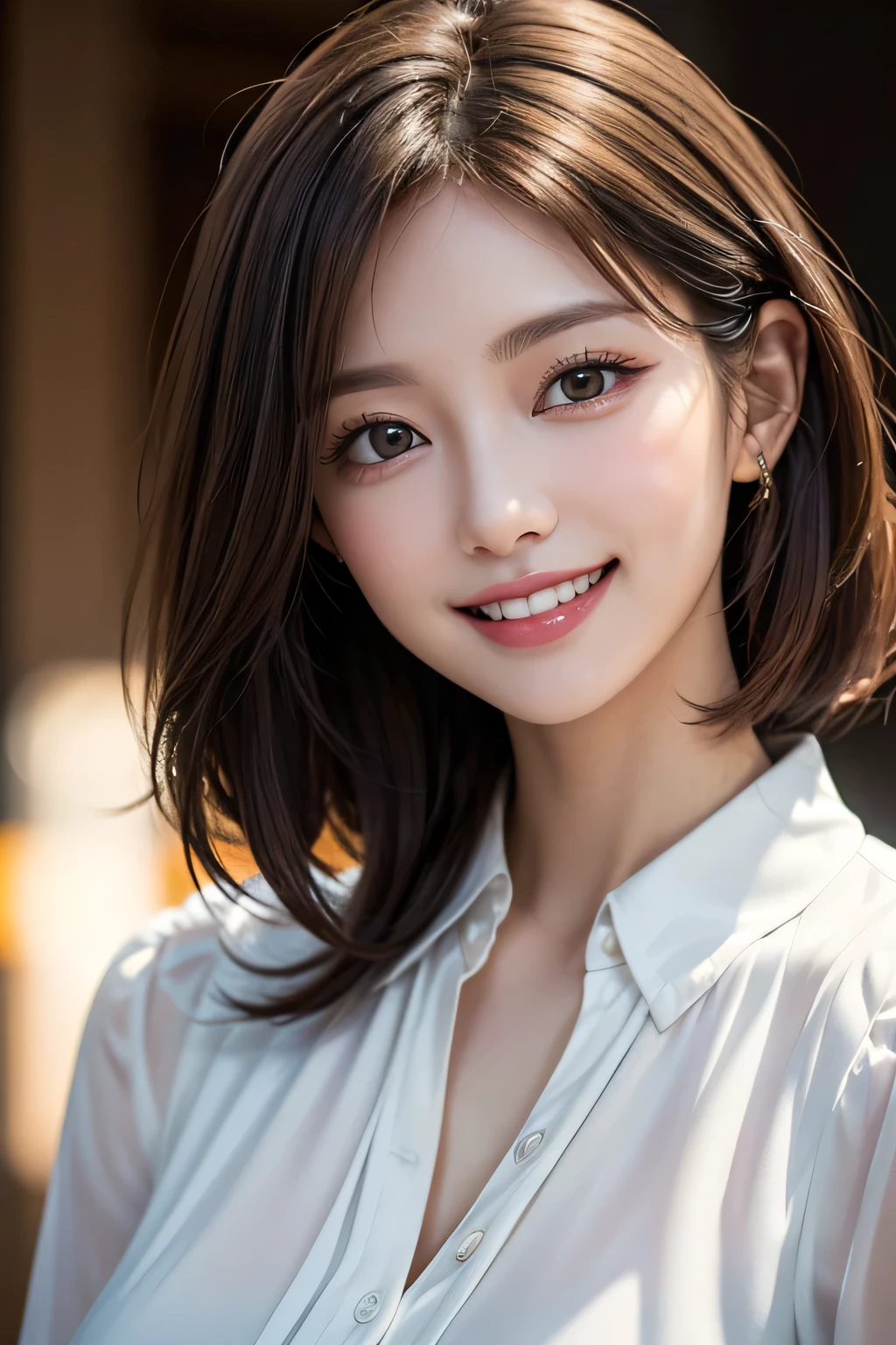 ((masterpiece)), ((Highest quality)), ((Complex)), ((Surreal)), (Realistic), (Mature Woman), ((There are no classes)), Very detailed, (1 female), Beautiful and exquisite, (Beautiful Teeth), Grin, Brunette bob hair, Brown eyes, ((blouse)), (Upper Body), ((background:none)), Perfect Eyes, Captivating eyes, Looking at the audience