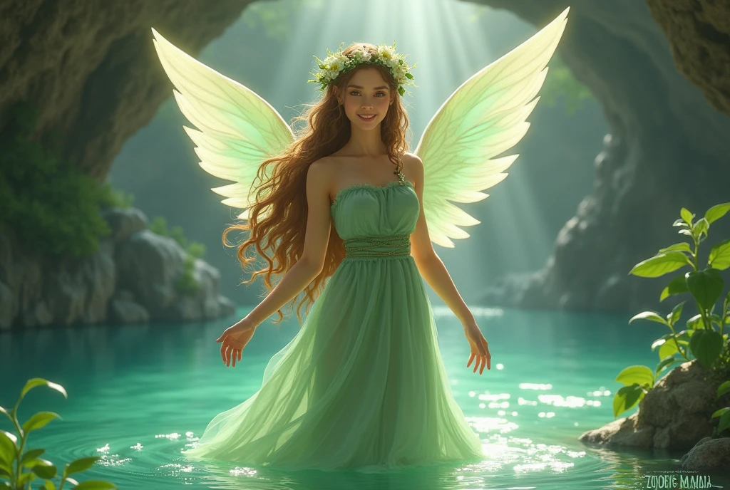A delicate depiction of the Goddess of Wishing Falls from The Legend of Zelda、In the background, he is standing by a lake in a cave.、A gentle smiling face、Long brown hair、Wearing a light green cloth、Large pale green wings on its back、Floral ornament on the head、