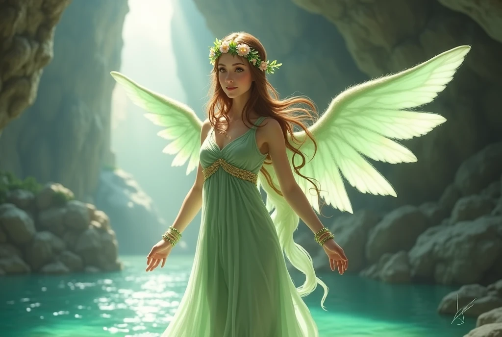 A delicate depiction of the Goddess of Wishing Falls from The Legend of Zelda、In the background, he is standing by a lake in a cave.、A gentle smiling face、Long brown hair、Wearing a light green cloth、Large pale green wings on its back、Floral ornament on the head、