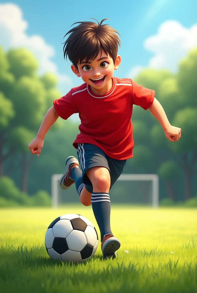 boy playing soccer with red shirt