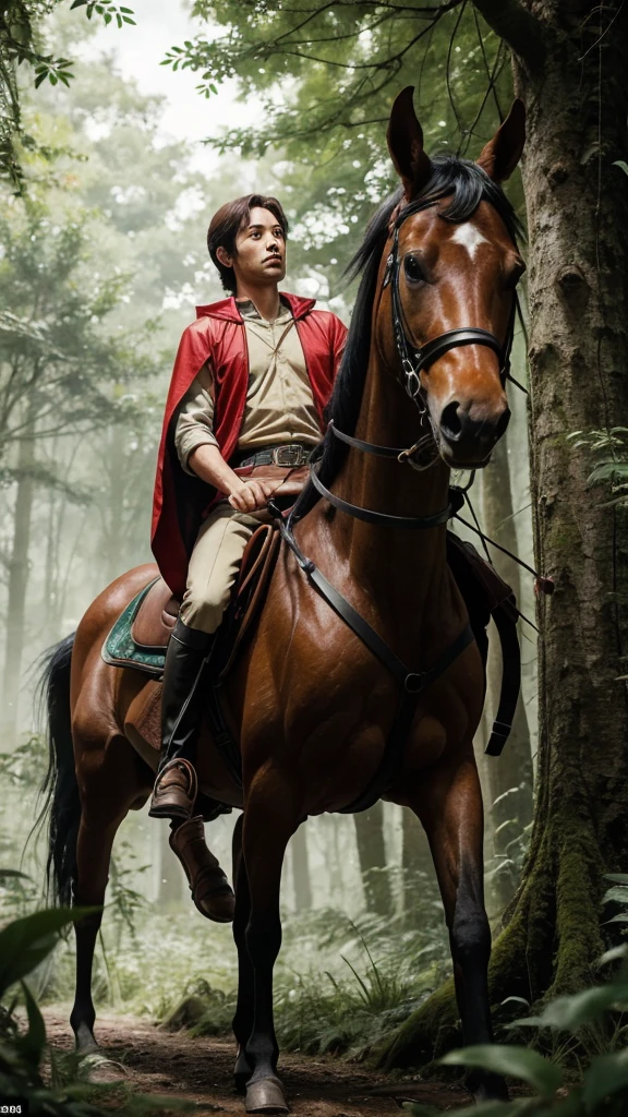 A man riding a horse through a lush forest, Miyazaki anime films, Miyazaki Movies, Miyazaki Movies, Hayao Miyazaki\Movies, Studio Ghibli smooth concept art, Miyazaki Movies scene, Ghibli anime movies, Scenes from animated movies, Hayao Miyazaki, Princess Mononoke, Studio Ghibli & James Gurney,Highest quality, Ultra high definition, High detail, The man is wearing a red hood