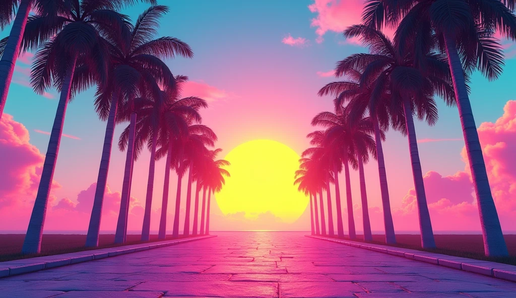 Vice City GTA, pink and blue and yellow sky landscape with a yellow sun with purple shadows from palm trees, stone or asphalt ground, ((no clouds))