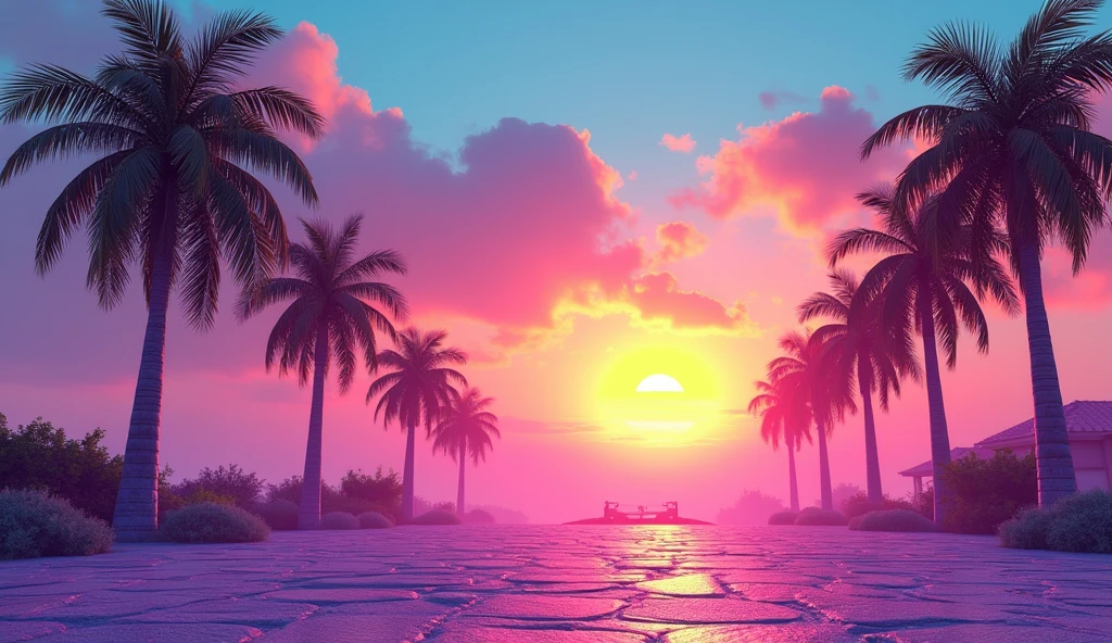 Vice City GTA, pink and blue and yellow sky landscape with a yellow sun with purple shadows from palm trees, stone or asphalt ground, ((no clouds))