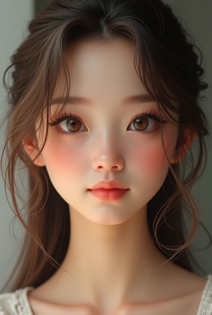 A white woman avatar, lively,thin with light brown eyes, brown straight hair, long eyelashes