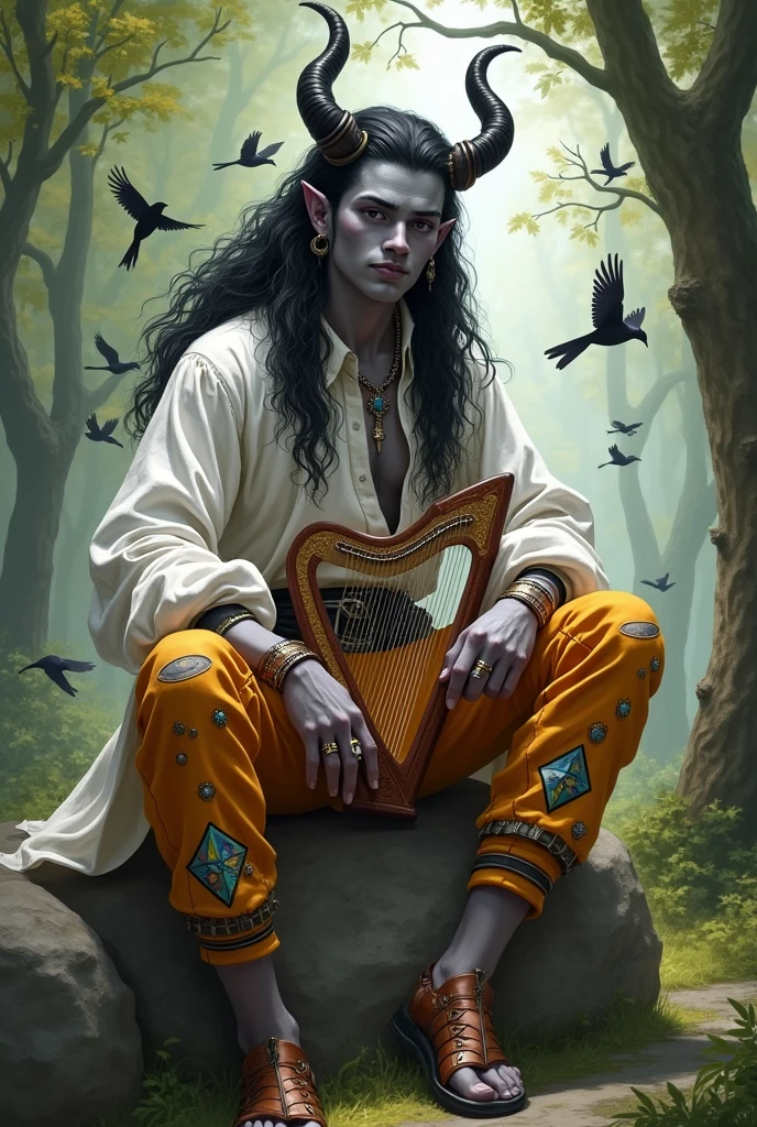 A pleasant young man, a tiefling bard, about 20 years old, with dark gray skin., one horn out of two is split in half. He is wearing a white shirt., buttoned up with voluminous sleeves, bright ripped pants with diamonds and patches. He plays a small harp and always smiles.. He has long black hair and black eyes.. There are several earrings in his ear.. He sits on a big rock in the forest, there are many birds around him 