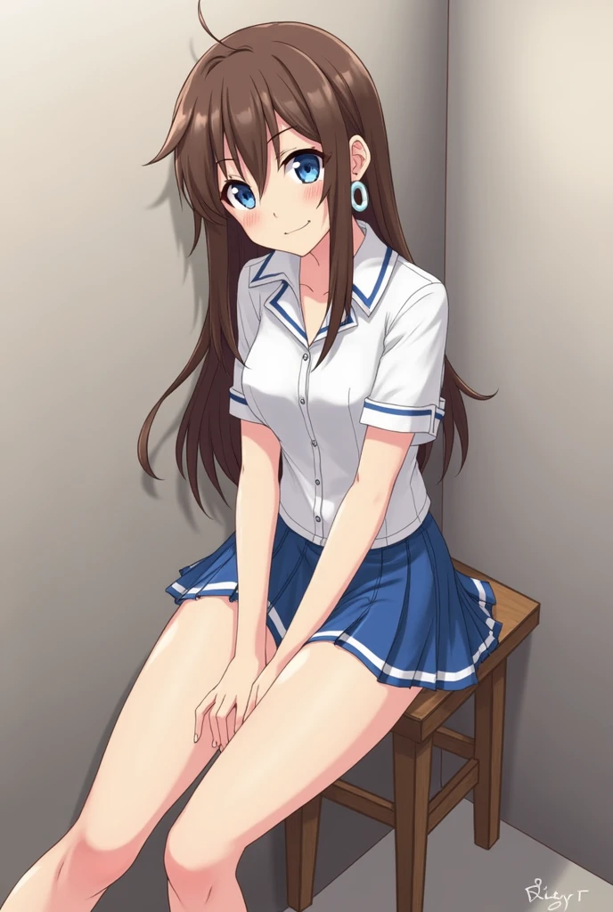 crie uma off anime com , thin with blue eyes ,com o brincos off segundo furo igual o da "nagatoro" off "Ijiranaioff, nagatoro-san". With long brown hair ,with a white uniform with the collar out, and a blue skirt, sentada em um banquinho pequeno off maoffira para sala, with one's legs crossed, com as mãos segurando o banquinho pequeno off maoffira para sala, with a sly smile ready to mischief