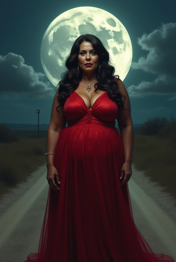 Dark-skinned Spanish woman, 50 years senior, Bullish, sensuous, big bust, rosto sensuous, red mouth, long wavy voluminous dark brown hair down to the butt, large and gluteal, long red dress, at an empty crossroads, full moon at night