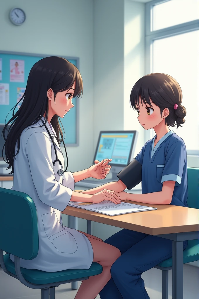 Create an image of a student taking another student's blood pressure