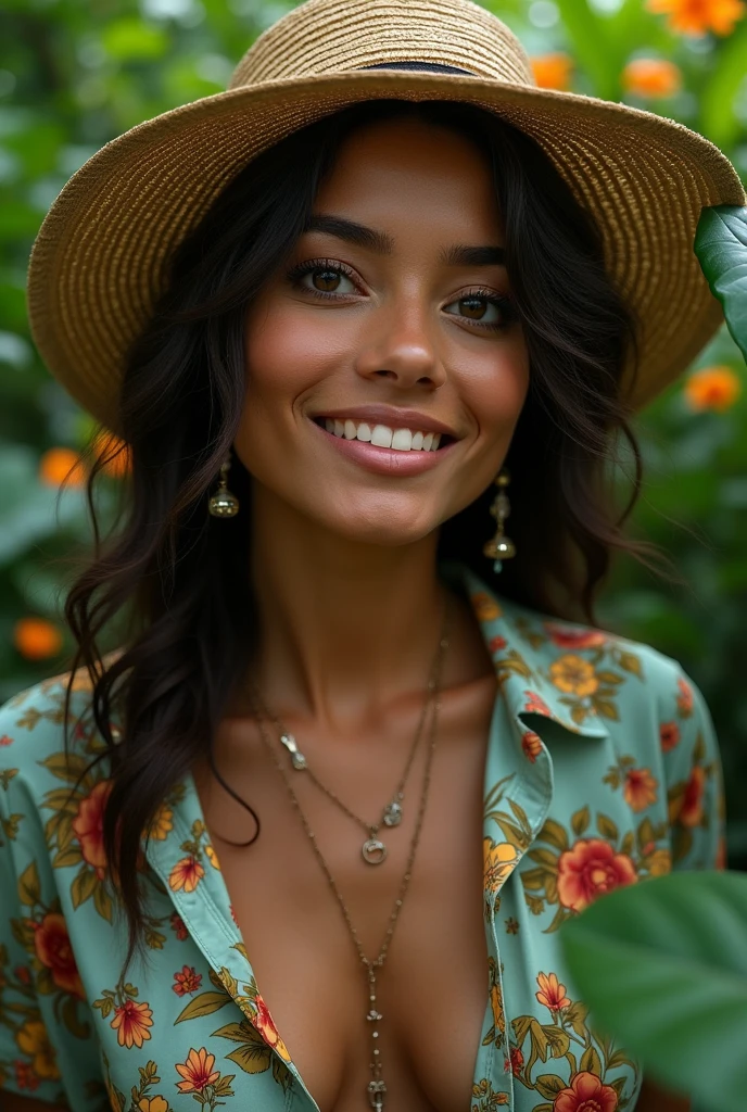 A Brazilian woman in a lush tropical garden, wearing an ?????????? with a floral print, with a close-up capturing the harmonious beauty between her ??????? and the natural flowers, showing off your natural charm and outgoing personality.