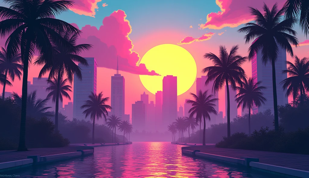 Vice City GTA, pink and blue and yellow sky with a yellow sun