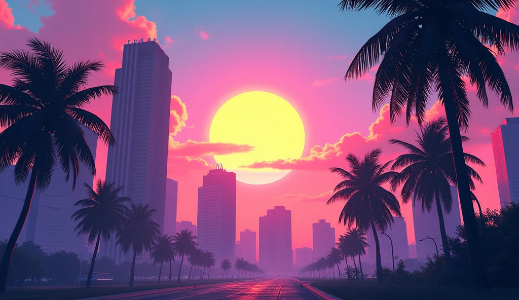 Vice City GTA, pink and blue and yellow sky with a yellow sun