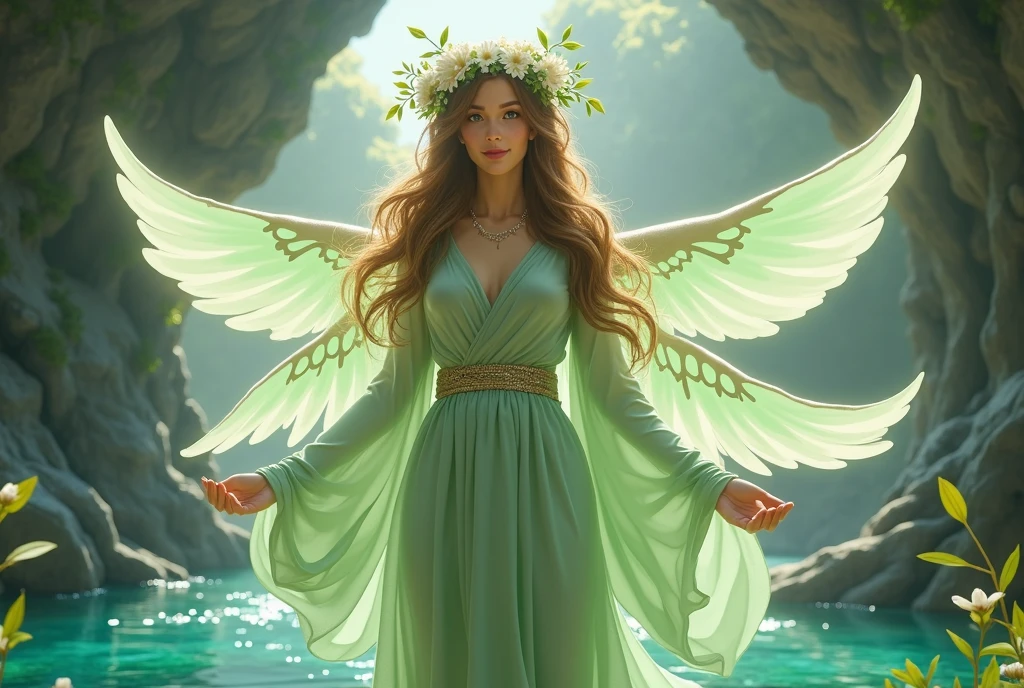 A delicate depiction of the Goddess of Wishing Falls from The Legend of Zelda、In the background, he is standing by a lake in a cave.、A gentle smiling face、Long brown hair、Wearing a light green cloth、Large pale green wings on its back、Floral ornament on the head、