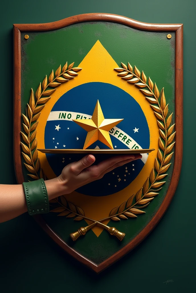 Shield with a hand of a Brazilian military man holding an open waiter&#39;s tray with a floating army star