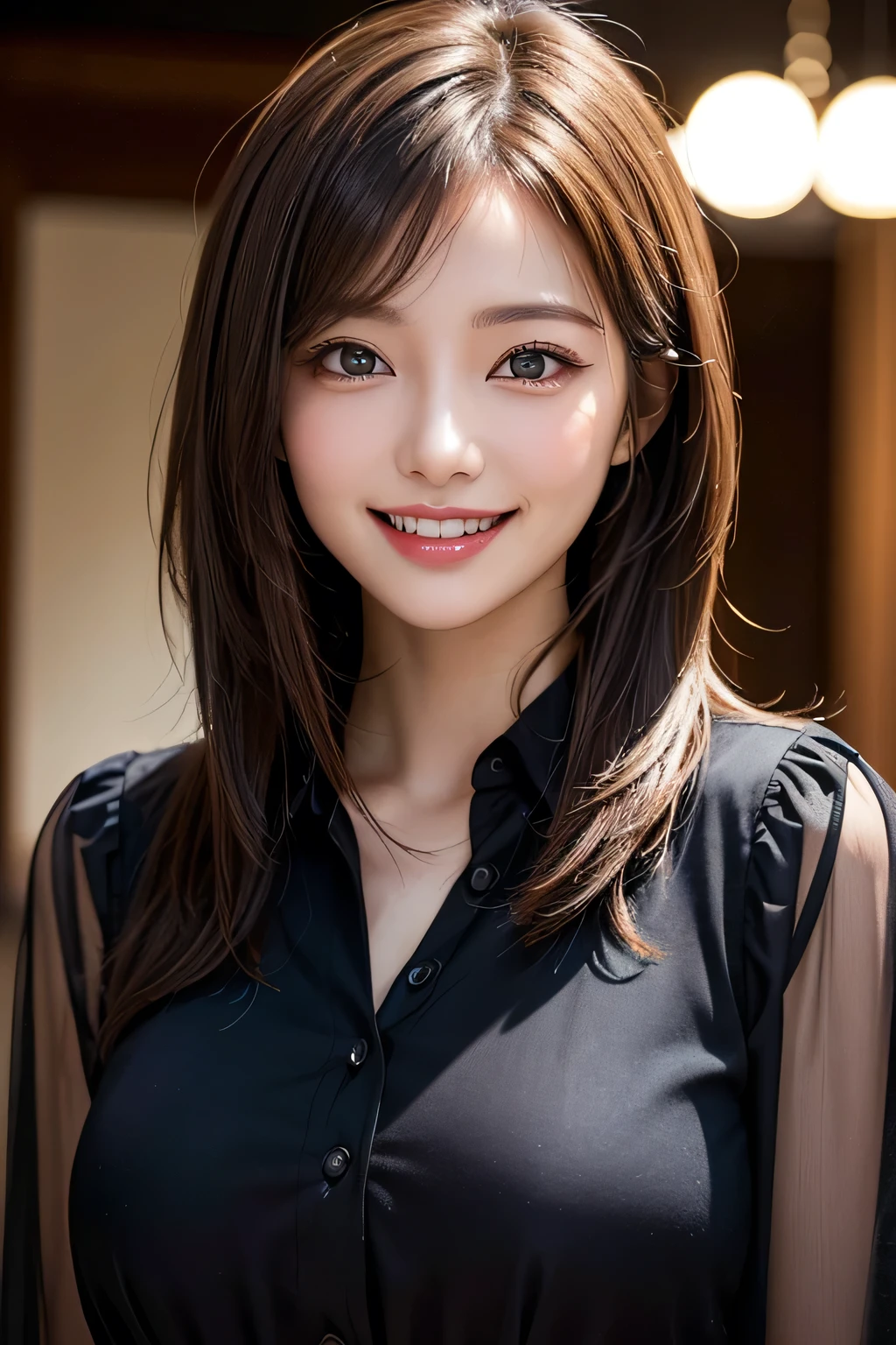 ((masterpiece)), ((Highest quality)), ((Complex)), ((Surreal)), (Realistic), (Mature Woman), ((There are no classes)), Very detailed, (1 female), Beautiful and exquisite, (Beautiful Teeth), Grin, Brunette bob hair, Brown eyes, ((blouse)), (Upper Body), ((background:none)), Perfect Eyes, Captivating eyes, Looking at the audience