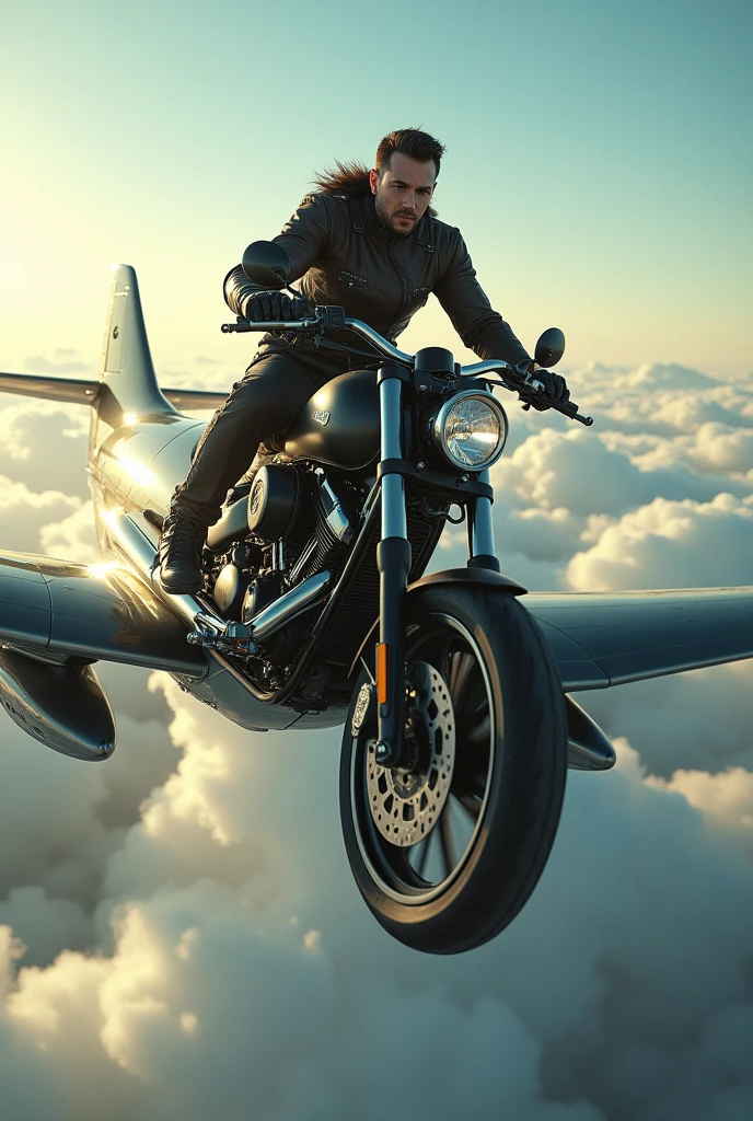 A motorcycle on top of a flying plane