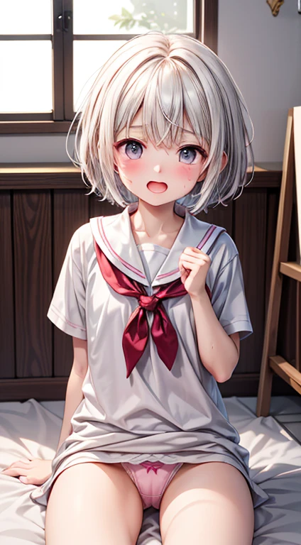 Highest quality,Ultra-wide angle composition、Elementary school girl　Sweaty face　cute　short hair　boyish　My hair is wet with sweat　Pink sigh　Took　Character Panties Cunnilingus　condom　I like face sitting
