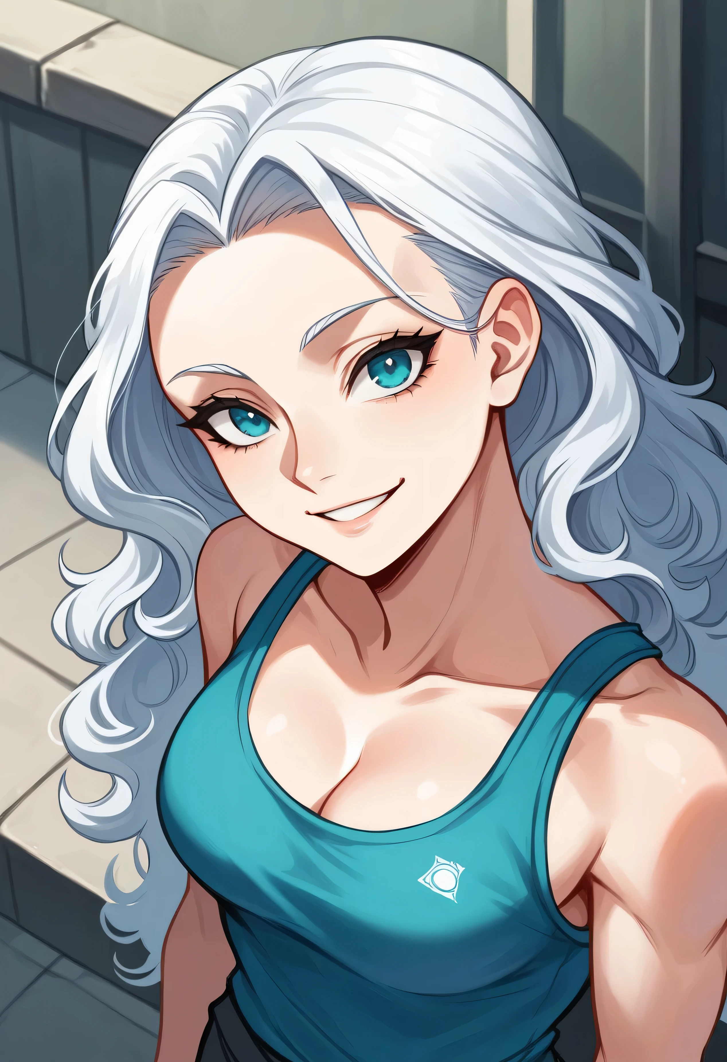 (4k Image) high angle, minimaliste, 1 Beautiful woman, curly long hair slicked white hair, blue turquoise eyes, background city (unfocused), simple smile, manga lineart (with colors), (just face and chest photo), (centered image), athletic body, streetwear clothings , sketch