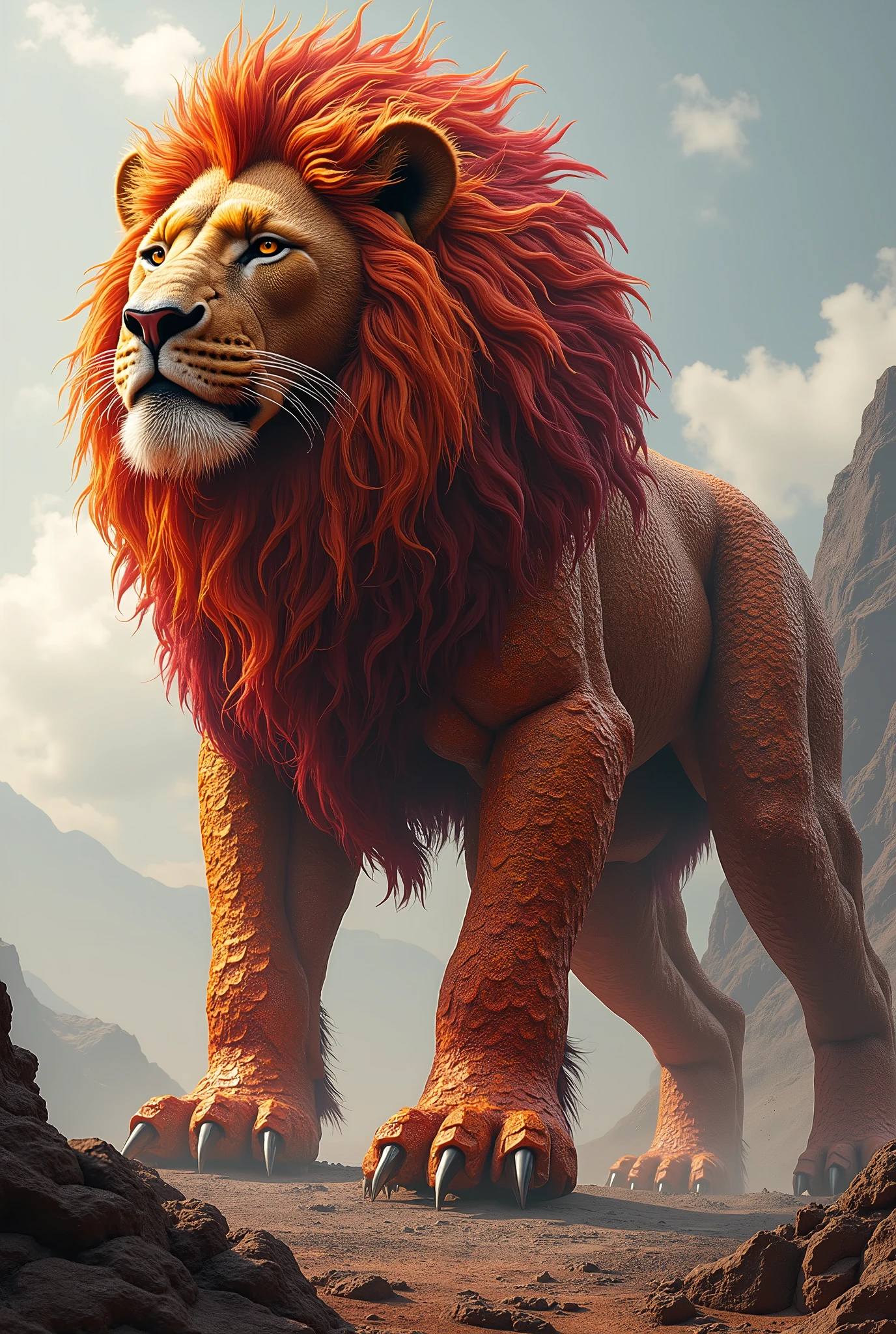 a 100-meter lion with scale-like skin that shines with shades of red, laranja e dourado, as if they were forged in hot lava. Each scale could have a sharp, shiny edge, giving an almost metallic appearance.
and shiny and obsidian claws