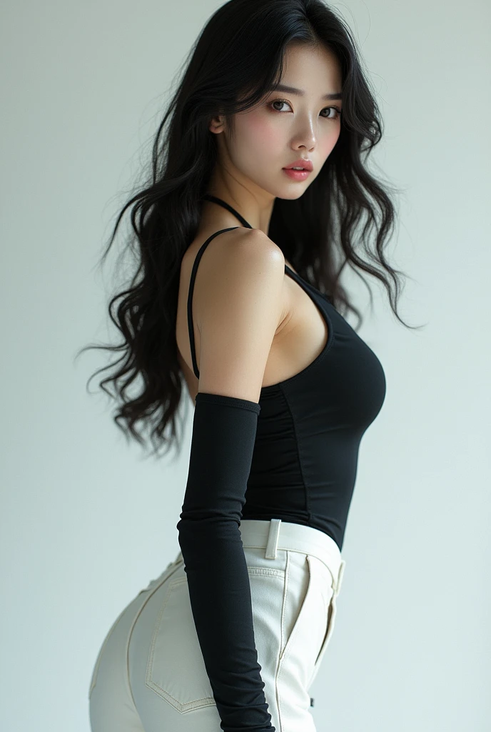 Korean girl, black thigh high boots, white pants, long gloves