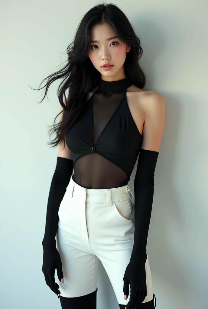 Korean girl, black thigh high boots, white pants, long gloves