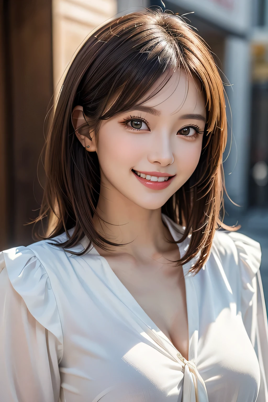 ((masterpiece)), ((Highest quality)), ((Complex)), ((Surreal)), (Realistic), (Mature Woman), ((There are no classes)), Very detailed, (1 female), Beautiful and exquisite, (Beautiful Teeth), Grin, Brunette bob hair, Brown eyes, ((blouse)), (Upper Body), ((background:none)), Perfect Eyes, Captivating eyes, Looking at the audience
