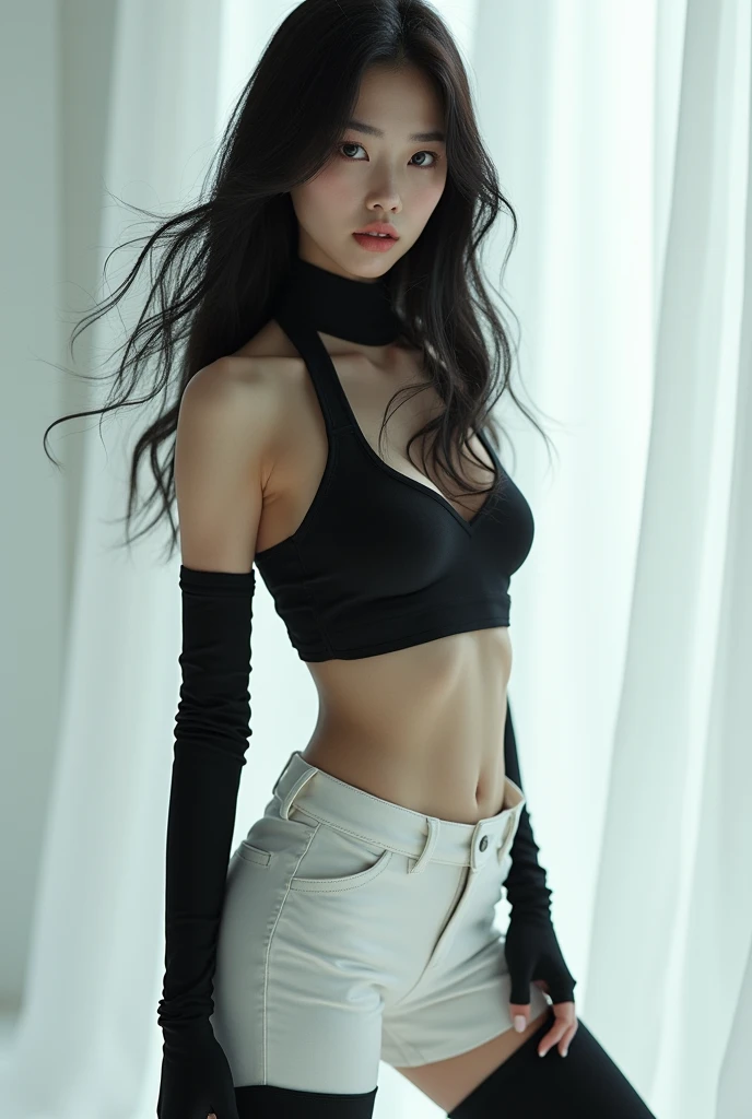 Korean girl, black thigh high boots, white pants, long gloves