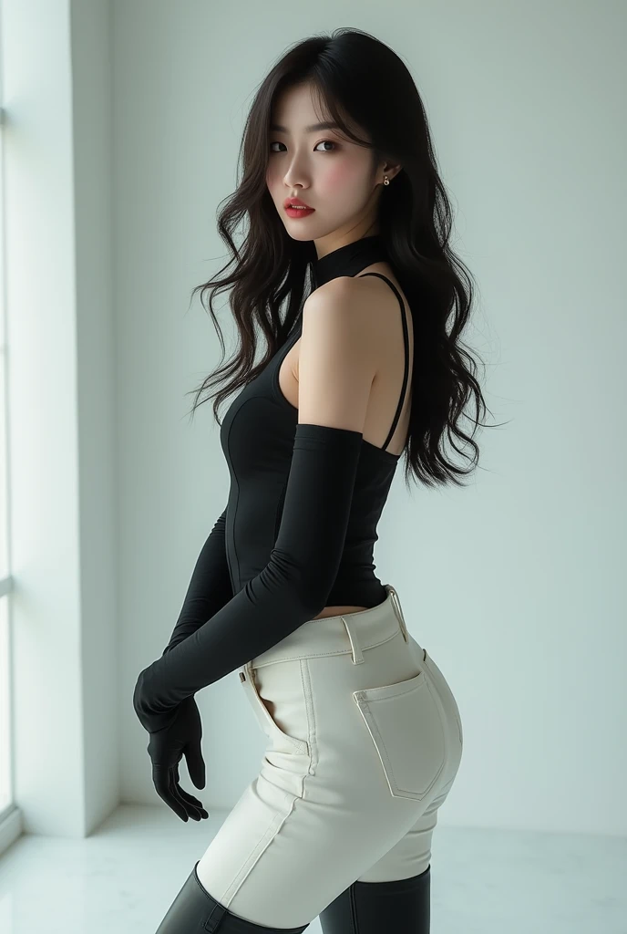Korean girl, black thigh high boots, white pants, long gloves