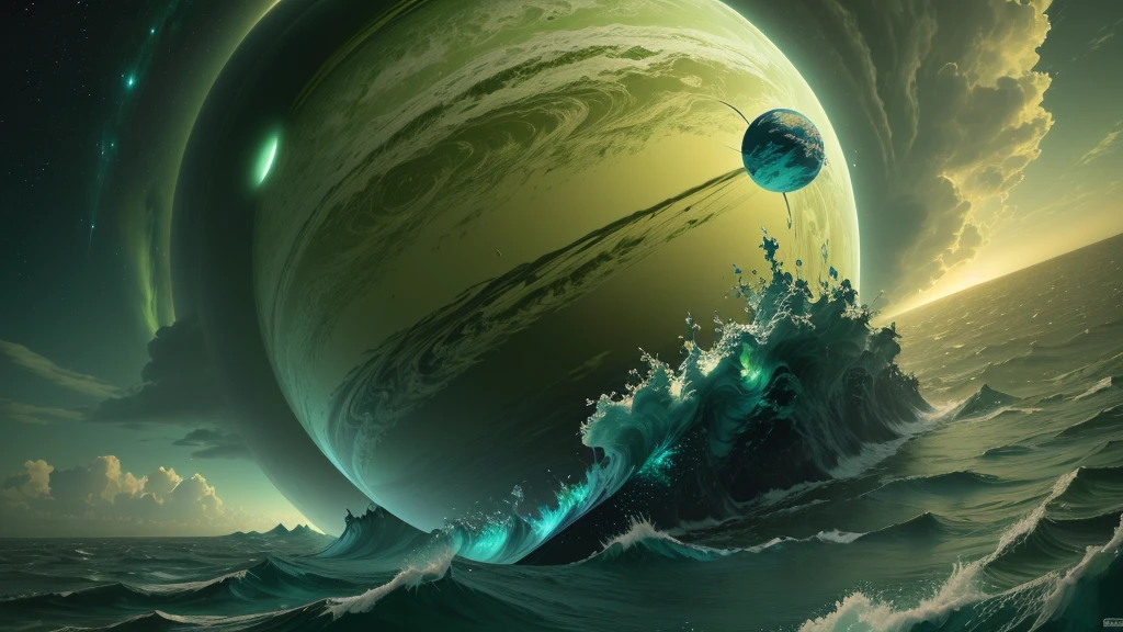 picture of a highly atmospheric planet a gass giant, with a liguid core, that has a lot of hurricanes reachig the sky from water, the whole planet has a green color pallete, it is digitaly drawn, with a perspective like a wide lens would have, it is very cloudy and sometimes greenish light is coming through the clouds, 4k, 8k, masterpiece