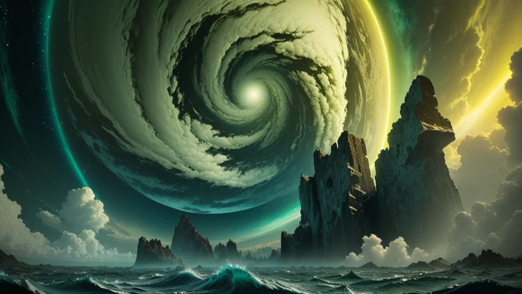 picture of a highly atmospheric planet a gass giant, with a liguid core, that has a lot of hurricanes reachig the sky from water, the whole planet has a green color pallete, it is digitaly drawn, with a perspective like a wide lens would have, it is very cloudy and sometimes greenish light is coming through the clouds, 4k, 8k, masterpiece