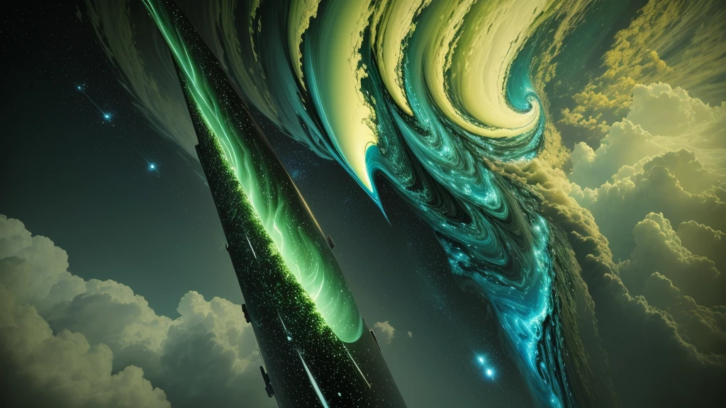 picture of a highly atmospheric planet a gass giant, with a liguid core, that has a lot of hurricanes reachig the sky from water, the whole planet has a green color pallete, it is digitaly drawn, with a perspective like a wide lens would have, it is very cloudy and sometimes greenish light is coming through the clouds, 4k, 8k, masterpiece